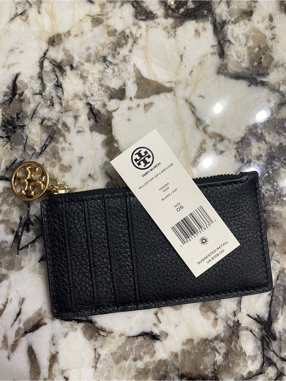 Tory Burch Black Pebbled Leather Zip Card Holder with Gold Logo Charm
